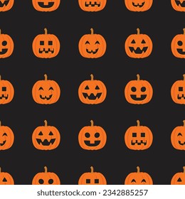 Seamless vector pattern for Halloween with cute smiling orange pumpkins on a black background. Holiday background for wrapping paper, fabric, textile, scrapbook.