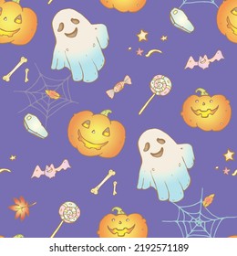 Seamless vector pattern for Halloween. Dark-blu-violet background. Ghost, pumpkins, sweets. Card, Fabric Design. Cartoon-style illustrations.