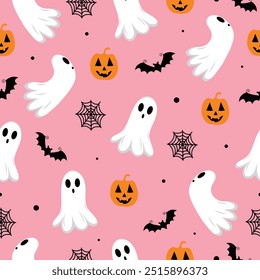Patrón de Vector sin fisuras de Elementos decorativos de Halloween, diseño plano para impresión textil, Fondo de pantalla, embalaje y otras decoraciones de Halloween. Fantasma, calabaza, Web de araña, murciélago sobre fondo rosa.