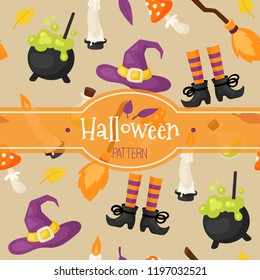 Seamless vector pattern of Halloween design elements in cartoon style. Halloween ornament for background.