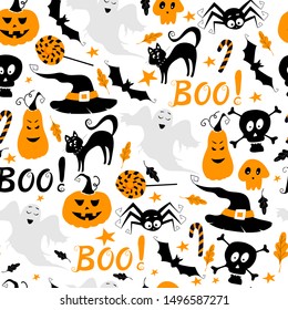 Seamless vector pattern for Halloween design. Halloween symbols: black cat, hat, pumpkin, spider, skull, boo lettering, ghost, candy in cartoon style. Vector Illustration