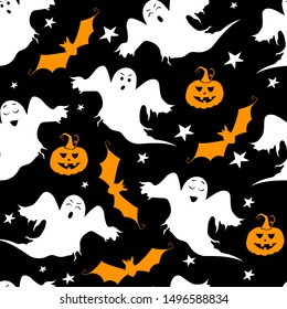 Seamless vector pattern for Halloween design. Halloween symbols: bat, pumpkin, ghost in cartoon style. Vector Illustration