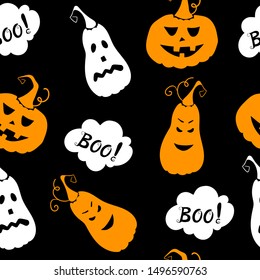 Seamless vector pattern for Halloween design. Halloween symbols: pumpkins, boo lettering in cartoon style. Vector Illustration