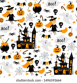 Seamless vector pattern for Halloween design. Halloween symbols: cute witch character on a broom, castle, spider, skull, candy, pumpkin, pot, boo lettering in cartoon style. Vector Illustration