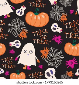 Seamless vector pattern Halloween design with spider nets ghosts and pumpkin and trick or treat text on dark background. Perfect for decorations, textiles, advertisements, wrapping paper, background
