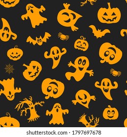 Seamless vector pattern for Halloween design. Halloween symbols: ghost, bat, pumpkin in cartoon style. Vector Illustration.