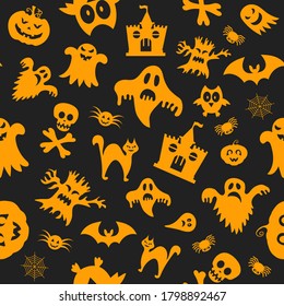 Seamless vector pattern for Halloween design. Halloween symbols: ghost, bat, pumpkin in cartoon style. Vector Illustration.