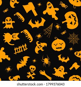 Seamless vector pattern for Halloween design. Halloween symbols: ghost, bat, pumpkin in cartoon style. Vector Illustration.