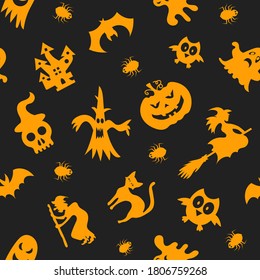 Seamless vector pattern for Halloween design. Halloween symbols: ghost, bat, pumpkin in cartoon style. Vector Illustration.	