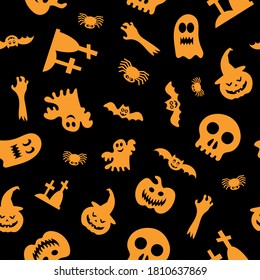 Seamless vector pattern for Halloween design. Halloween symbols: ghost, bat, pumpkin in cartoon style. Vector Illustration.	