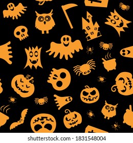 Seamless vector pattern for Halloween design. Halloween symbols: ghost, spider, pumpkin in cartoon style. Vector Illustration