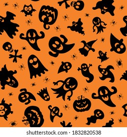 Seamless vector pattern for Halloween design. Halloween symbols: ghost, spider, pumpkin in cartoon style. Vector Illustration