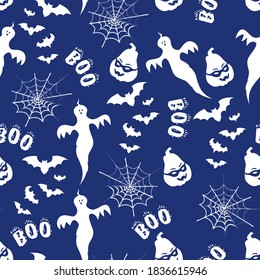 Seamless vector pattern for Halloween design. Ghost, spider web, pumpkin, bat in cartoon style, vector illustration