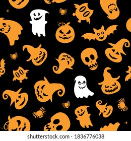Seamless vector pattern for Halloween design. Halloween symbols: ghost, spider, pumpkin in cartoon style. Vector Illustration	

