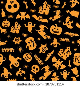 Seamless vector pattern for Halloween design. Halloween symbols: ghost, bat, pumpkin in cartoon style. Vector Illustration.	