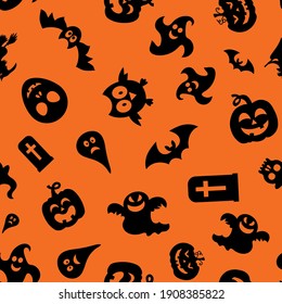 Seamless vector pattern for Halloween design. Halloween symbols: ghost, bat, pumpkin in cartoon style. Vector Illustration