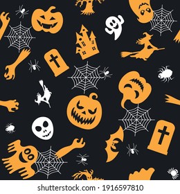 Seamless vector pattern for Halloween design. Halloween symbols: ghost, bat, pumpkin in cartoon style. Vector Illustration