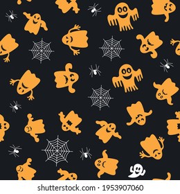 Seamless vector pattern for Halloween design. Halloween symbols: ghost, spider in cartoon style. Vector Illustration.