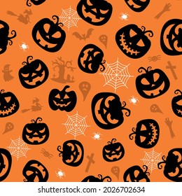 Seamless vector pattern for Halloween design. Halloween symbols: pumpkin, spider, ghost, bat  in cartoon style. Vector Illustration
