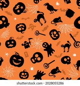 Seamless vector pattern for Halloween design. Halloween symbols: pumpkin, spider, ghost, bat in cartoon style. Vector Illustration	