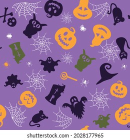 Seamless vector pattern for Halloween design. Halloween symbols: pumpkin, spider, ghost, bat in cartoon style. Vector Illustration