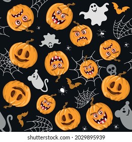 Seamless vector pattern for Halloween design. Halloween symbols: pumpkin, spider, ghost, bat in cartoon style. Vector Illustration	