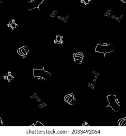 Seamless vector pattern for Halloween design. Halloween symbols: Spider, bat, pumpkin in cartoon style. Vector Illustration