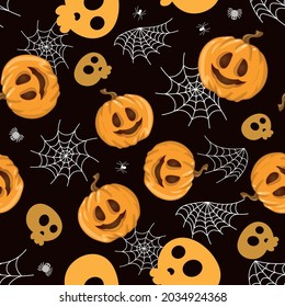 Seamless vector pattern for Halloween design. Halloween symbols: pumpkin, spider, skull in cartoon style. Vector Illustration