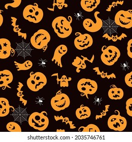 Seamless vector pattern for Halloween design. Halloween symbols: ghost, bat, pumpkin in cartoon style. Vector Illustration.
