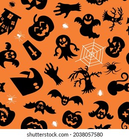 Seamless vector pattern for Halloween design. Halloween symbols: ghost, bat, pumpkin in cartoon style. Vector Illustration.