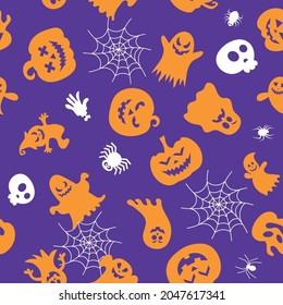 Seamless vector pattern for Halloween design. Halloween symbols: pumpkin, spider, ghost in cartoon style. Vector Illustration.