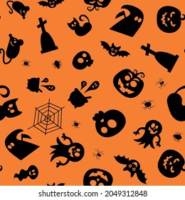 Seamless vector pattern for Halloween design. Halloween symbols: ghost, bat, pumpkin in cartoon style. Vector Illustration.
