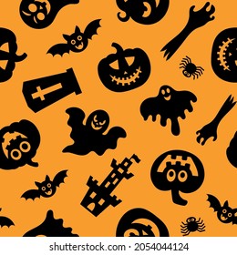 Seamless vector pattern for Halloween design. Halloween symbols: ghost, bat, pumpkin in cartoon style. Vector Illustration.