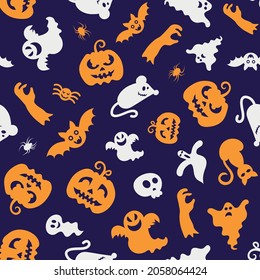 Seamless vector pattern for Halloween design. Halloween symbols: pumpkin, spider, ghost in cartoon style. Vector Illustration.
