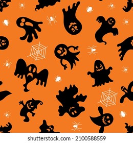 Seamless vector pattern for Halloween design. Halloween symbols: ghost, spider in cartoon style. Vector Illustration.
