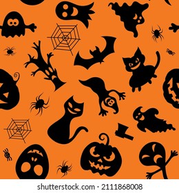 Seamless vector pattern for Halloween design. Halloween symbols: pumpkin, ghost, spider in cartoon style. Vector Illustration.