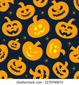 Seamless vector pattern for Halloween design. Halloween symbols: pumpkin, spider in cartoon style. Vector Illustration.