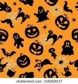 Seamless vector pattern for Halloween design. Halloween symbols: ghost, bat, pumpkin in cartoon style. Vector Illustration.