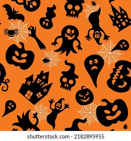 Seamless vector pattern for Halloween design. Halloween symbols: ghost, bat, pumpkin in cartoon style. Vector Illustration.