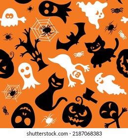 Seamless vector pattern for Halloween design. Halloween symbols: pumpkin, ghost, spider in cartoon style. Vector Illustration.