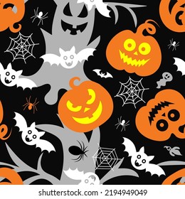 Seamless vector pattern for Halloween design. Halloween symbols: pumpkin, bat, ghost, spider in cartoon style. Vector Illustration.
