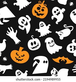 Seamless vector pattern for Halloween design. Halloween symbols: pumpkin, ghost, spider in cartoon style. Vector Illustration.