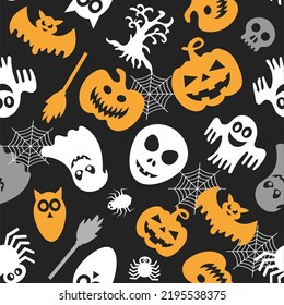 Seamless vector pattern for Halloween design. Halloween symbols: pumpkin, ghost, spider in cartoon style. Vector Illustration.