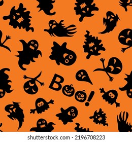 Seamless vector pattern for Halloween design. Halloween symbols: ghost, pumpkin in cartoon style. Vector Illustration.