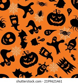 Seamless vector pattern for Halloween design. Halloween symbols: ghost, bat, pumpkin in cartoon style. Vector Illustration.