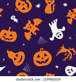 Seamless vector pattern for Halloween design. Halloween symbols: pumpkin, ghost, spider in cartoon style. Vector Illustration.