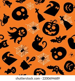 Seamless vector pattern for Halloween design. Halloween symbols: ghost, bat, pumpkin in cartoon style. Vector Illustration.