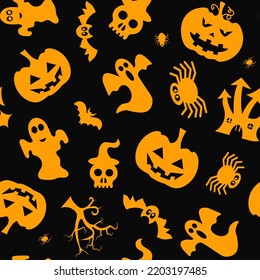Seamless vector pattern for Halloween design. Halloween symbols: ghost, bat, pumpkin in cartoon style. Vector Illustration.