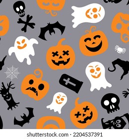 Seamless vector pattern for Halloween design. Halloween symbols: ghost, bat, pumpkin in cartoon style. Vector Illustration.