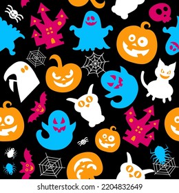 Seamless vector pattern for Halloween design. Halloween symbols: ghost, bat, pumpkin in cartoon style. Vector Illustration.